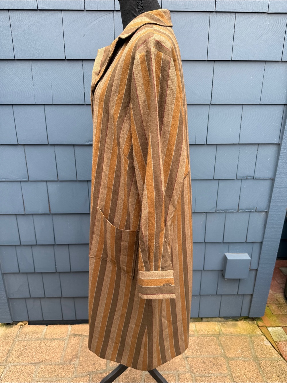 Vintage Striped Long Button-Front Dress Coat in Mustard and Brown handmade brown - Picture 7 of 12